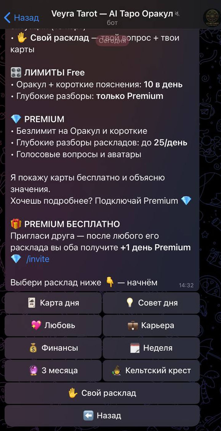 Меню раскладов таро